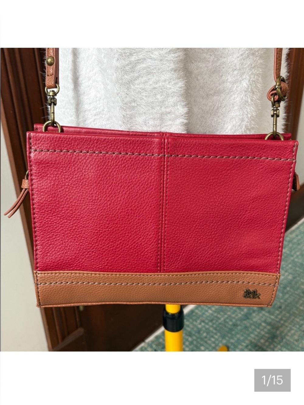 The SAK crossbody bag wristlet clutch. Pebbled Leather red/brown brass HW NWOT